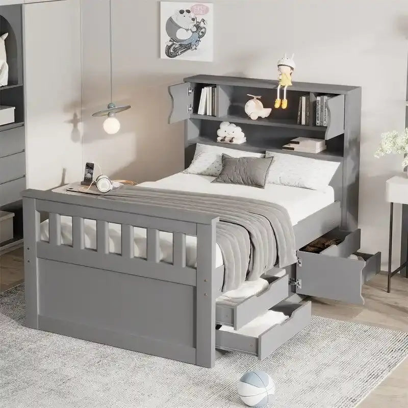 Lit plateforme capitaine double/grand avec 4 tiroirs et étagères de rangement, cadre de lit en bois massif avec tête de lit bibliothèque de rangement