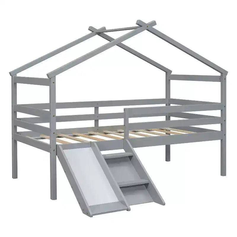 Twin Low Loft House Bed with Slide, Ladder, Safety Guardrails, House Roof Frame — 81.7"L x 67.6"W