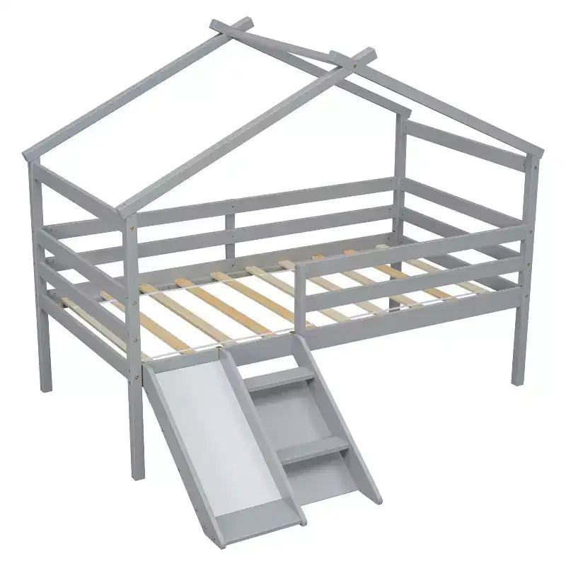 Twin Low Loft House Bed with Slide, Ladder, Safety Guardrails, House Roof Frame — 81.7"L x 67.6"W