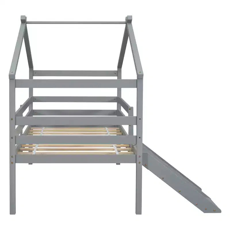Twin Low Loft House Bed with Slide, Ladder, Safety Guardrails, House Roof Frame — 81.7"L x 67.6"W