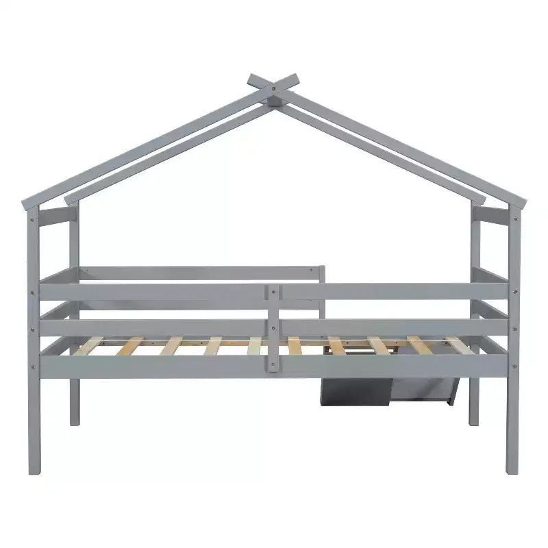 Twin Low Loft House Bed with Slide, Ladder, Safety Guardrails, House Roof Frame — 81.7"L x 67.6"W