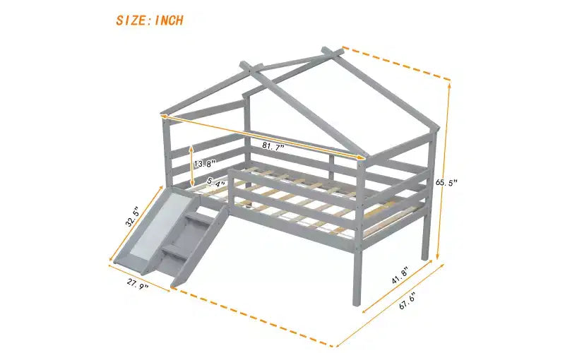 Twin Low Loft House Bed with Slide, Ladder, Safety Guardrails, House Roof Frame — 81.7"L x 67.6"W