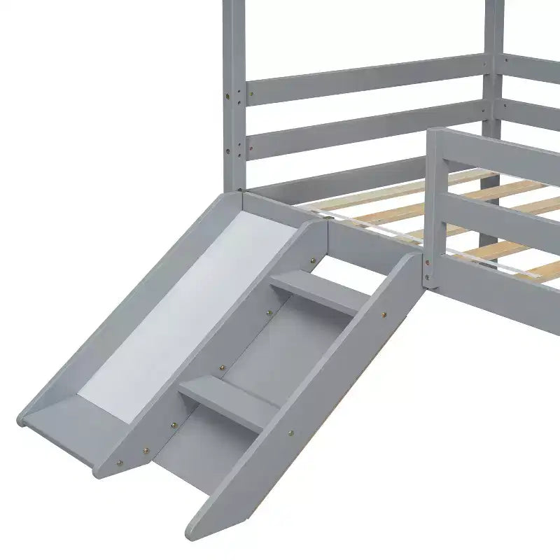 Twin Low Loft House Bed with Slide, Ladder, Safety Guardrails, House Roof Frame — 81.7"L x 67.6"W