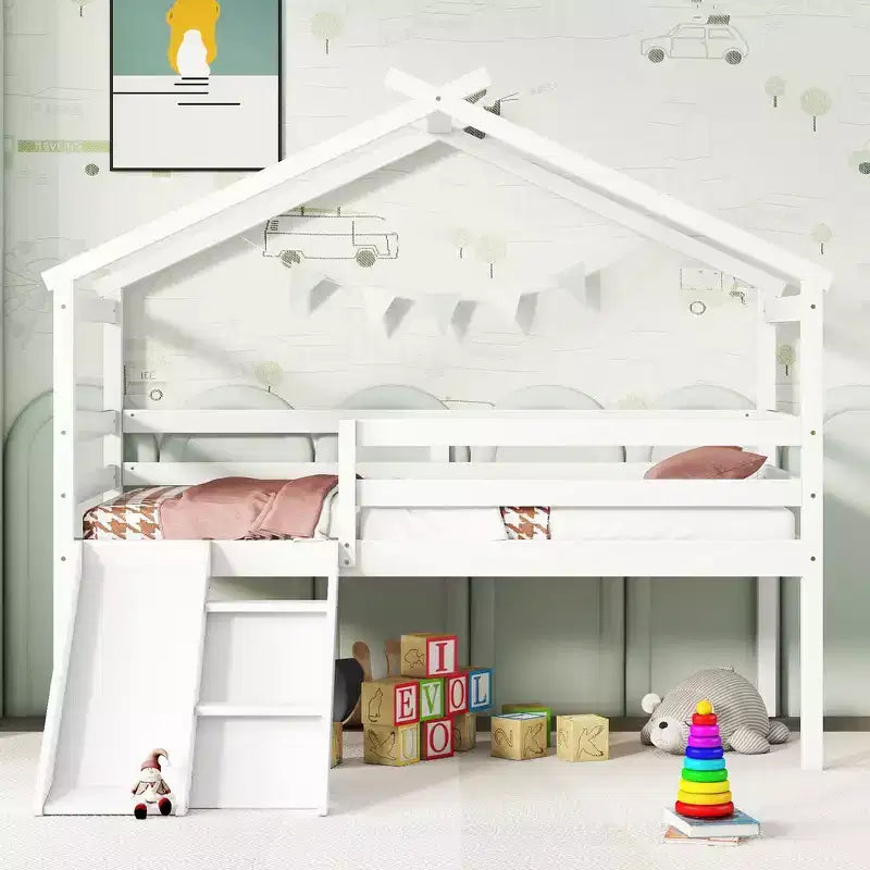 Twin Low Loft House Bed with Slide, Ladder, Safety Guardrails, House Roof Frame — 81.7"L x 67.6"W