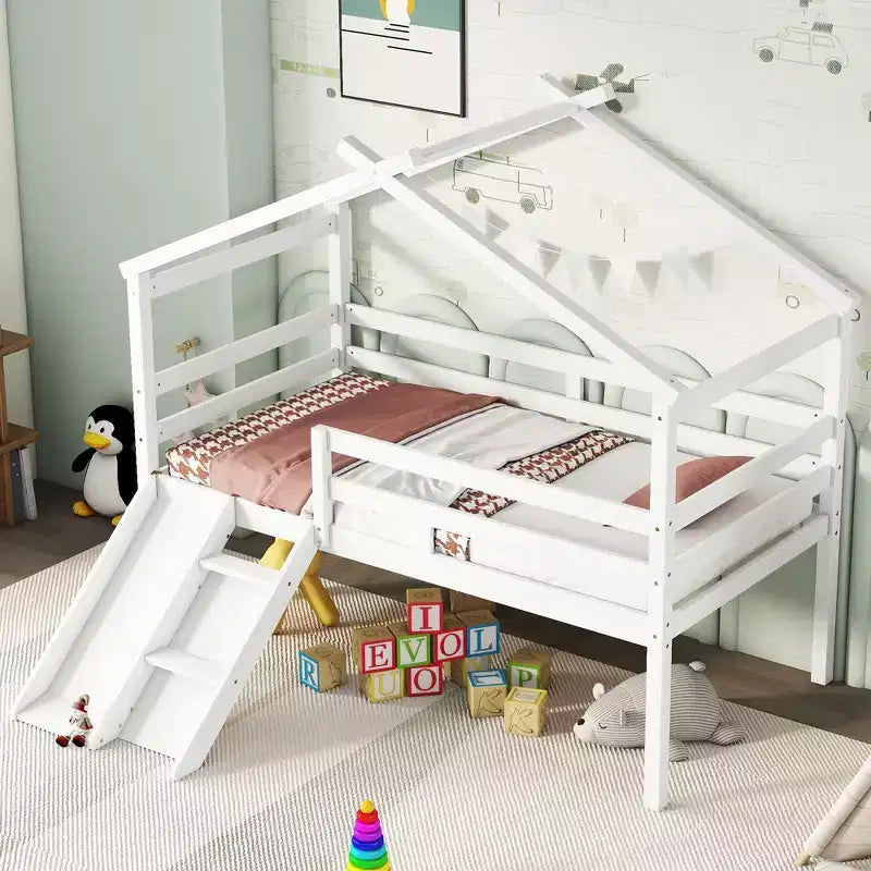 Twin Low Loft House Bed with Slide, Ladder, Safety Guardrails, House Roof Frame — 81.7"L x 67.6"W