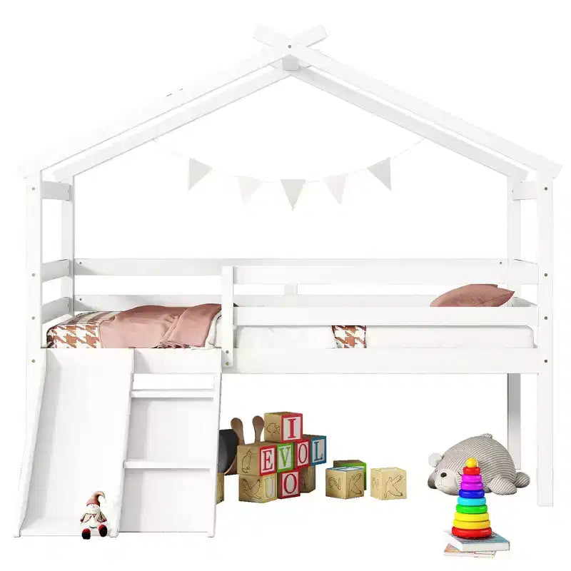 Twin Low Loft House Bed with Slide, Ladder, Safety Guardrails, House Roof Frame — 81.7"L x 67.6"W