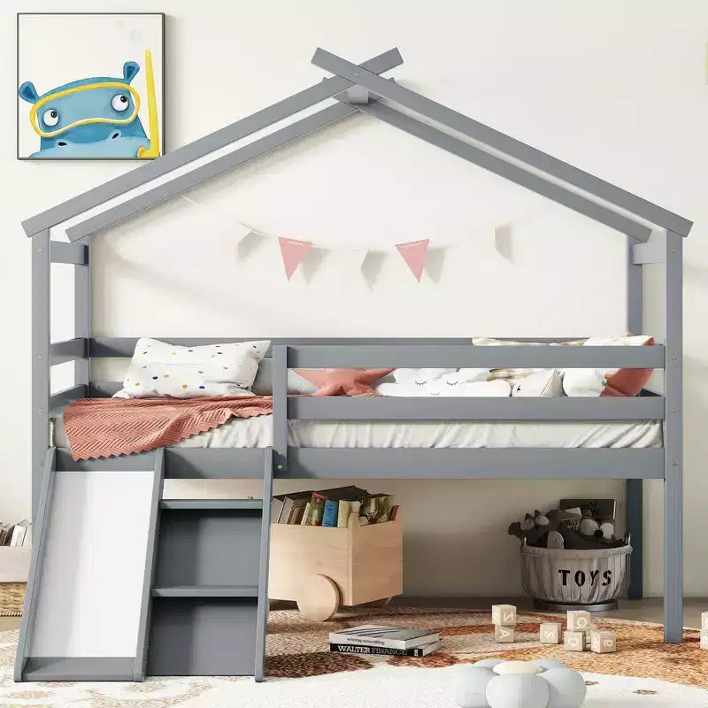 Twin Low Loft House Bed with Slide, Ladder, Safety Guardrails, House Roof Frame — 81.7"L x 67.6"W