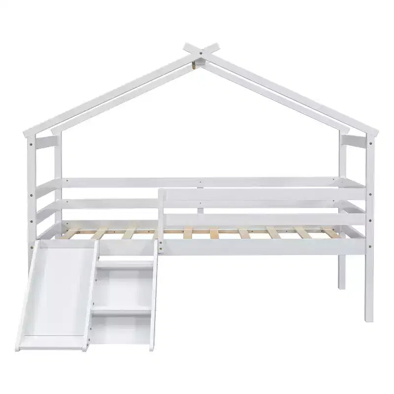 Twin Low Loft House Bed with Slide, Ladder, Safety Guardrails, House Roof Frame — 81.7"L x 67.6"W