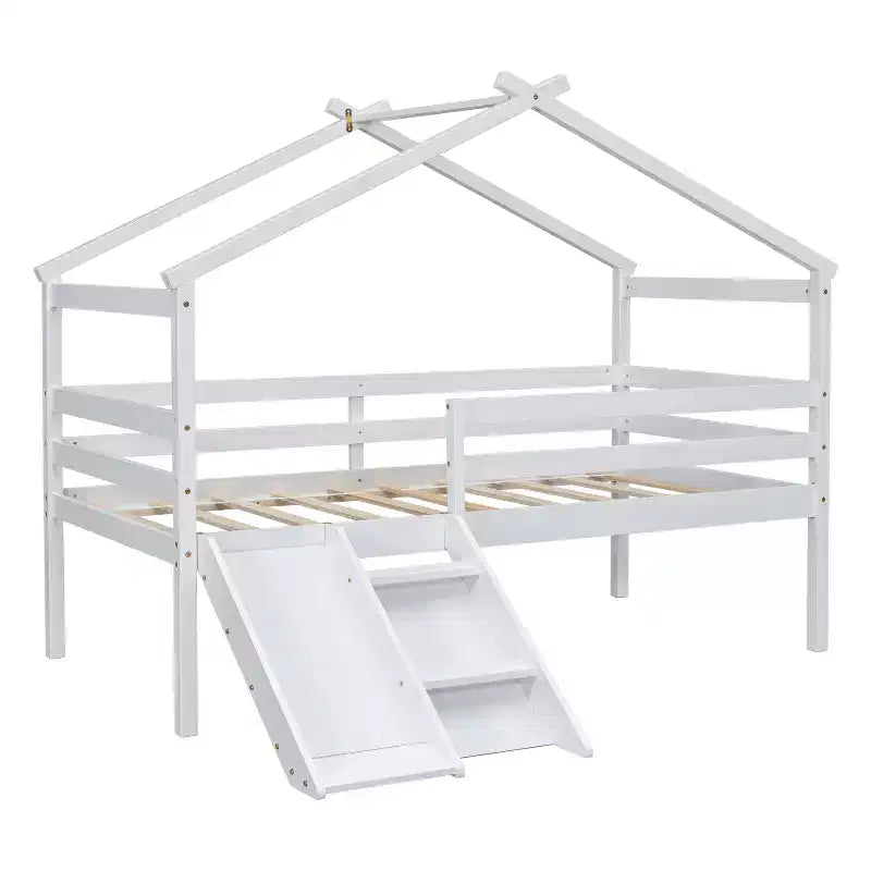 Twin Low Loft House Bed with Slide, Ladder, Safety Guardrails, House Roof Frame — 81.7"L x 67.6"W