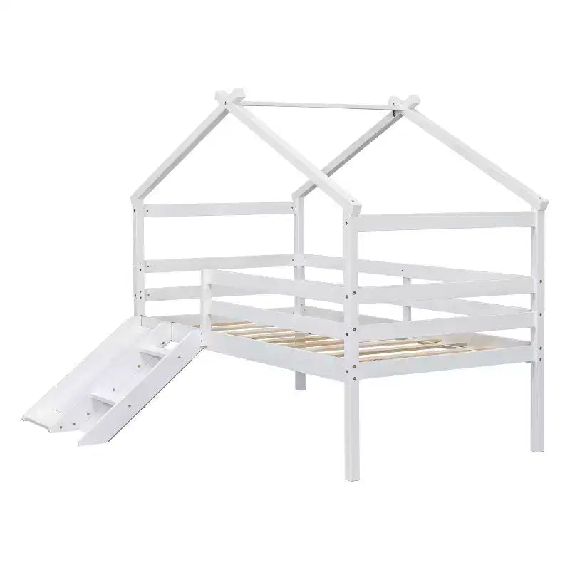 Twin Low Loft House Bed with Slide, Ladder, Safety Guardrails, House Roof Frame — 81.7"L x 67.6"W