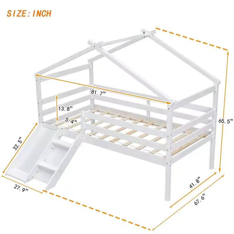 Twin Low Loft House Bed with Slide, Ladder, Safety Guardrails, House Roof Frame — 81.7"L x 67.6"W