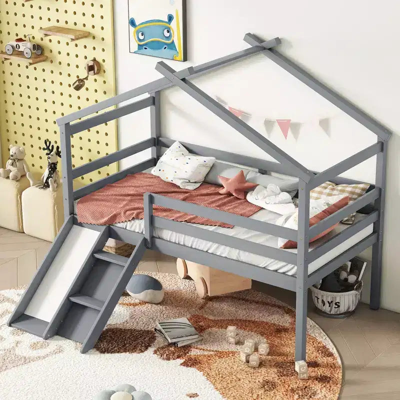 Twin Low Loft House Bed with Slide, Ladder, Safety Guardrails, House Roof Frame — 81.7"L x 67.6"W