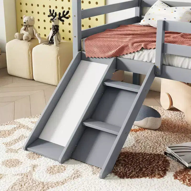 Twin Low Loft House Bed with Slide, Ladder, Safety Guardrails, House Roof Frame — 81.7"L x 67.6"W