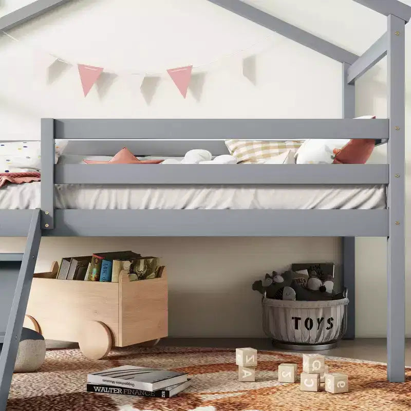 Twin Low Loft House Bed with Slide, Ladder, Safety Guardrails, House Roof Frame — 81.7"L x 67.6"W