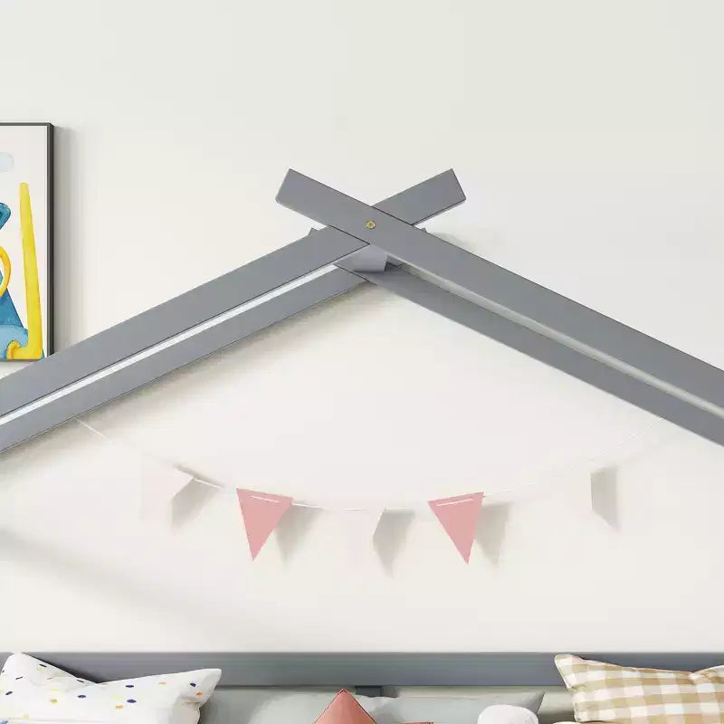 Twin Low Loft House Bed with Slide, Ladder, Safety Guardrails, House Roof Frame — 81.7"L x 67.6"W