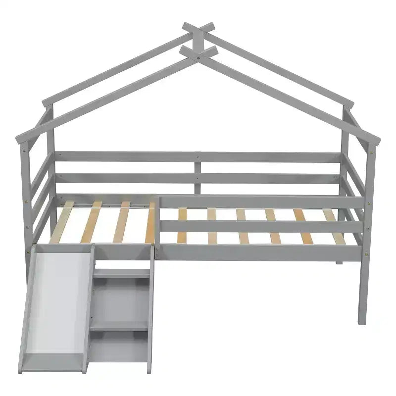 Twin Low Loft House Bed with Slide, Ladder, Safety Guardrails, House Roof Frame — 81.7"L x 67.6"W