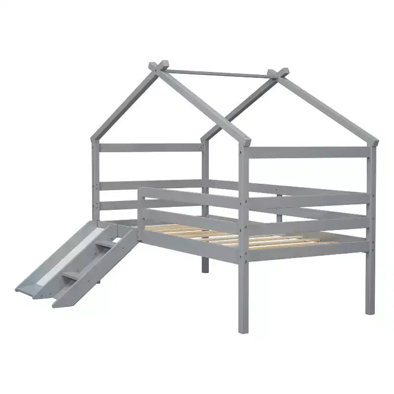 Twin Low Loft House Bed with Slide, Ladder, Safety Guardrails, House Roof Frame — 81.7"L x 67.6"W