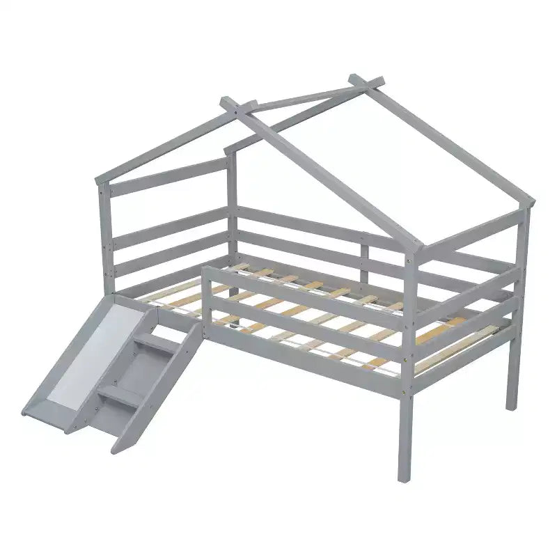 Twin Low Loft House Bed with Slide, Ladder, Safety Guardrails, House Roof Frame — 81.7"L x 67.6"W