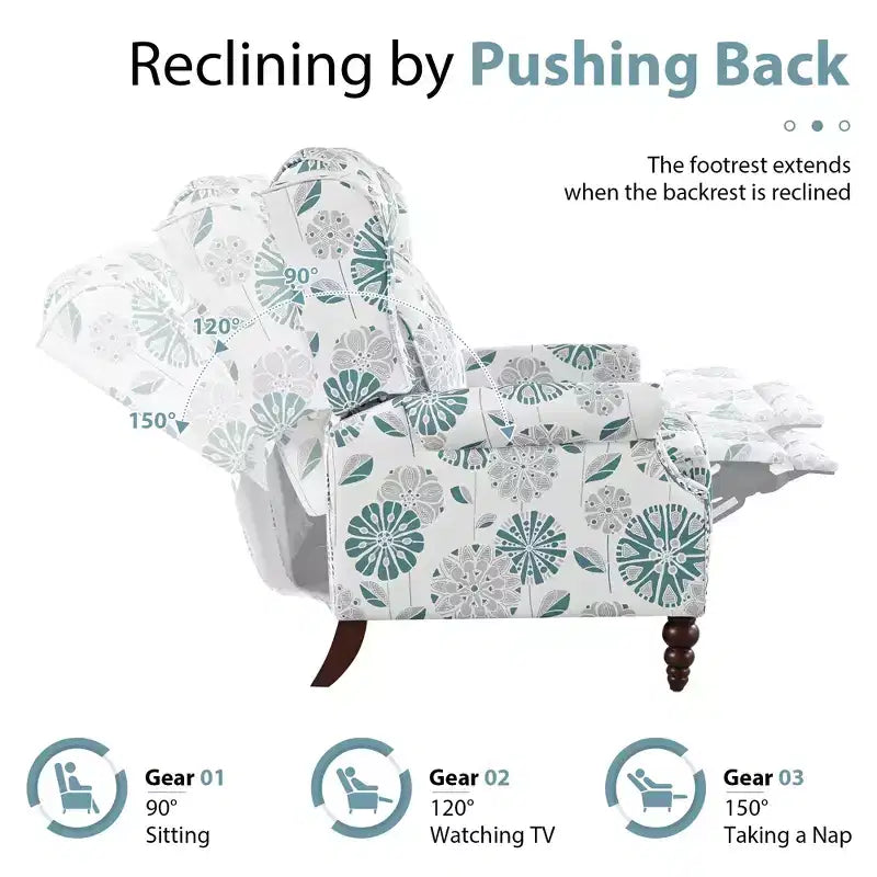 29.75" Upholstered Push Back Recliner Chair with Classic Wing Back, White/Blue