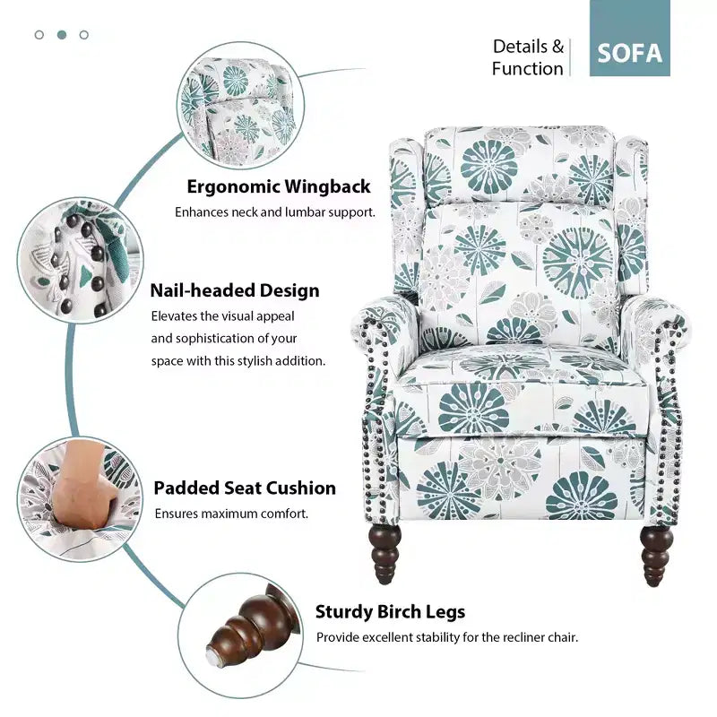 29.75" Upholstered Push Back Recliner Chair with Classic Wing Back, White/Blue