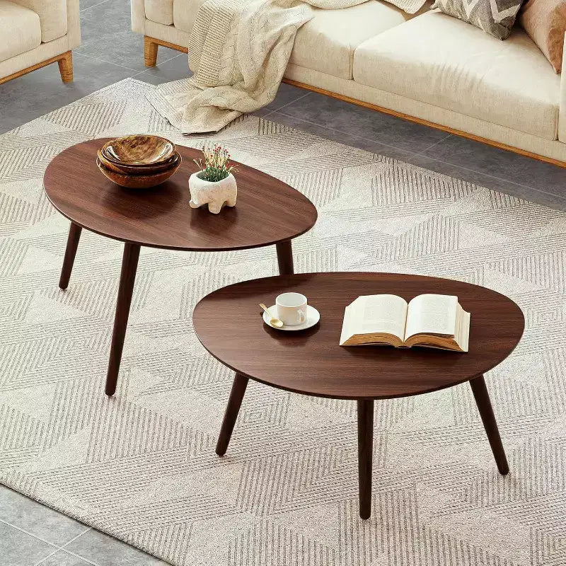 Mid-Century Modern 25.59 W Solid Oak Wood Oval Coffee Table with Three Legs