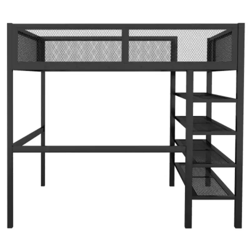 Metal Loft Bed with 4 Layers of Shelves, Full Size Mattress