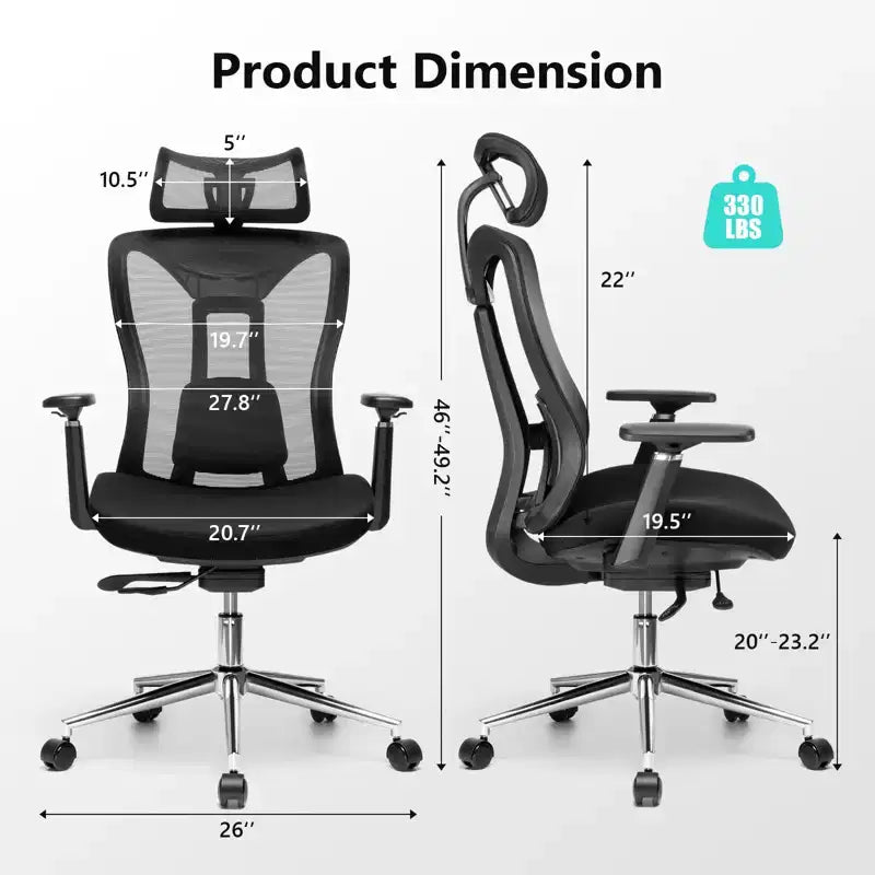 Ergonomic Office Chair with 3D Headrest, 2D Armrests, Mesh Back, 135-Degree Recline, 330 lb Capacity, Dynamic Lumbar Support