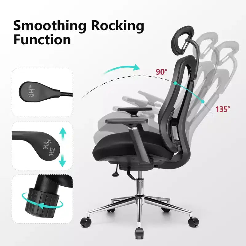 Ergonomic Office Chair with 3D Headrest, 2D Armrests, Mesh Back, 135-Degree Recline, 330 lb Capacity, Dynamic Lumbar Support
