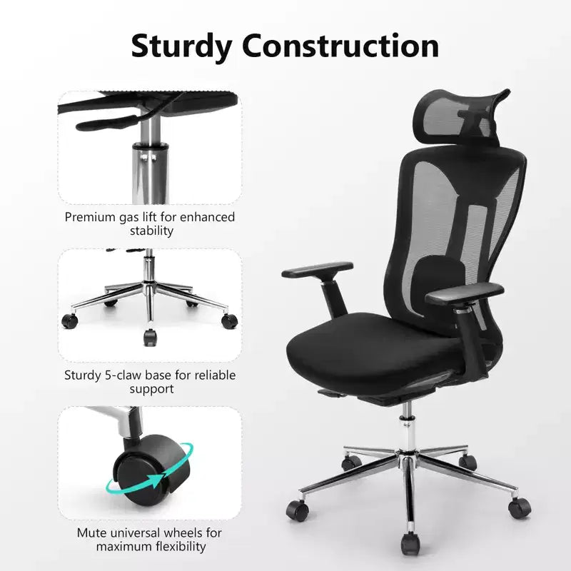 Ergonomic Office Chair with 3D Headrest, 2D Armrests, Mesh Back, 135-Degree Recline, 330 lb Capacity, Dynamic Lumbar Support