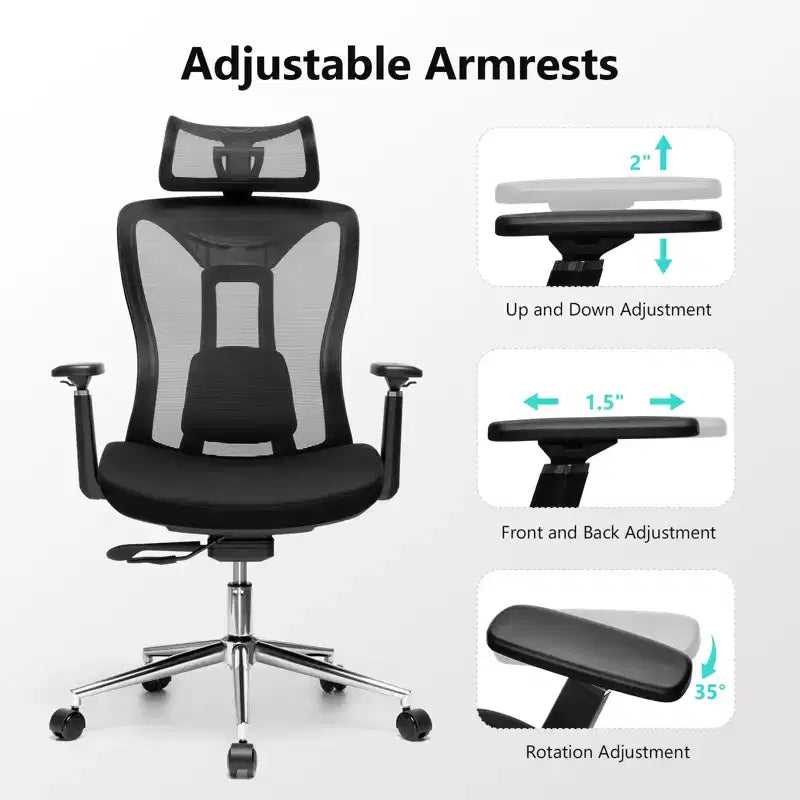 Ergonomic Office Chair with 3D Headrest, 2D Armrests, Mesh Back, 135-Degree Recline, 330 lb Capacity, Dynamic Lumbar Support