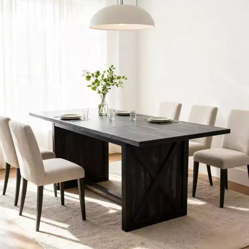 Rectangular Dining Table with X-Frame Base, Farmhouse Industrial Style, Black Wood