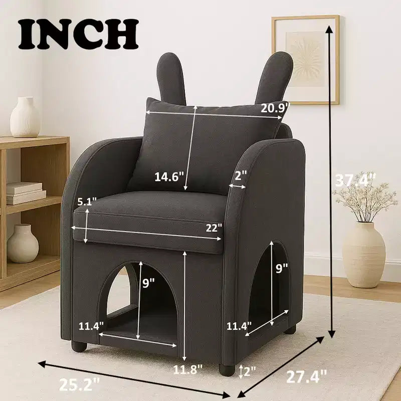 Simple Cute Bunny-Ear Armchair with Built-in Cat & Dog Hideaway, Pet-Friendly Single Sofa Chair for Bedroom, Living Room