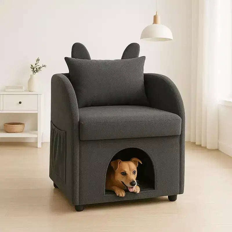 Simple Cute Bunny-Ear Armchair with Built-in Cat & Dog Hideaway, Pet-Friendly Single Sofa Chair for Bedroom, Living Room