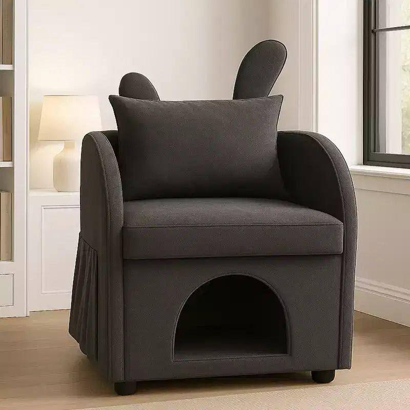 Simple Cute Bunny-Ear Armchair with Built-in Cat & Dog Hideaway, Pet-Friendly Single Sofa Chair for Bedroom, Living Room