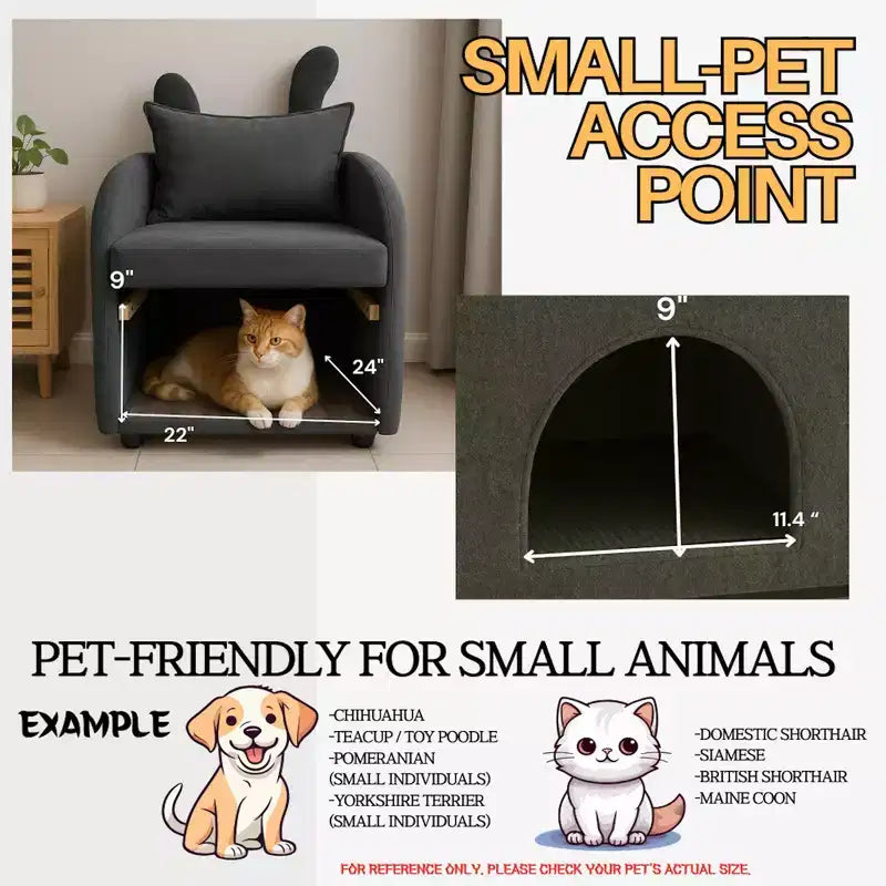 Simple Cute Bunny-Ear Armchair with Built-in Cat & Dog Hideaway, Pet-Friendly Single Sofa Chair for Bedroom, Living Room