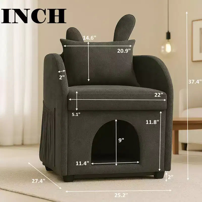 Simple Cute Bunny-Ear Armchair with Built-in Cat & Dog Hideaway, Pet-Friendly Single Sofa Chair for Bedroom, Living Room