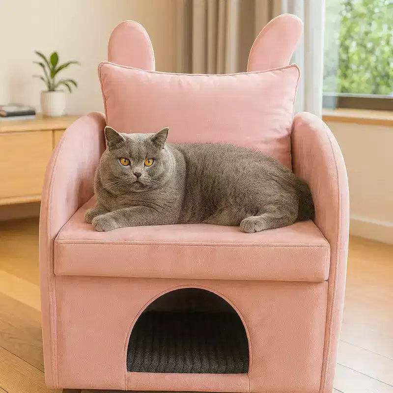 Simple Cute Bunny-Ear Armchair with Built-in Cat & Dog Hideaway, Pet-Friendly Single Sofa Chair for Bedroom, Living Room