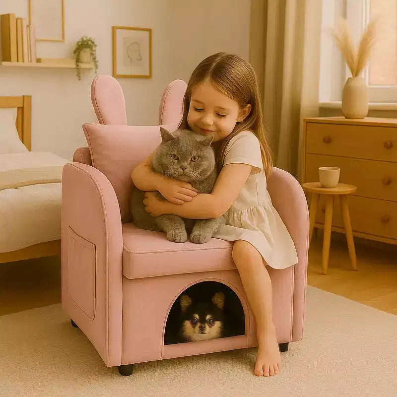 Simple Cute Bunny-Ear Armchair with Built-in Cat & Dog Hideaway, Pet-Friendly Single Sofa Chair for Bedroom, Living Room