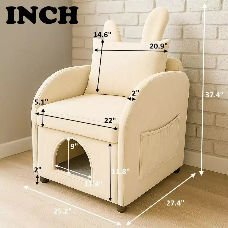 Simple Cute Bunny-Ear Armchair with Built-in Cat & Dog Hideaway, Pet-Friendly Single Sofa Chair for Bedroom, Living Room