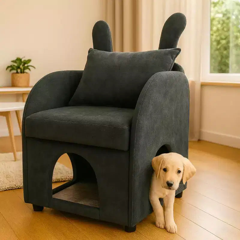 Simple Cute Bunny-Ear Armchair with Built-in Cat & Dog Hideaway, Pet-Friendly Single Sofa Chair for Bedroom, Living Room