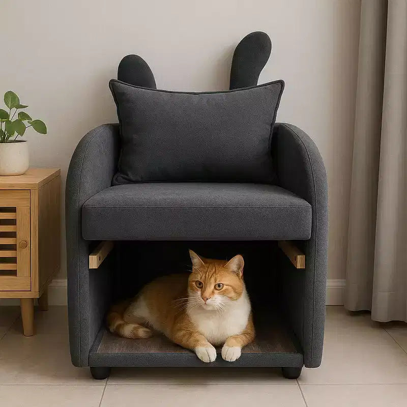 Simple Cute Bunny-Ear Armchair with Built-in Cat & Dog Hideaway, Pet-Friendly Single Sofa Chair for Bedroom, Living Room