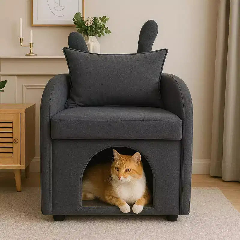 Simple Cute Bunny-Ear Armchair with Built-in Cat & Dog Hideaway, Pet-Friendly Single Sofa Chair for Bedroom, Living Room