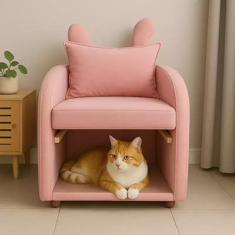Simple Cute Bunny-Ear Armchair with Built-in Cat & Dog Hideaway, Pet-Friendly Single Sofa Chair for Bedroom, Living Room