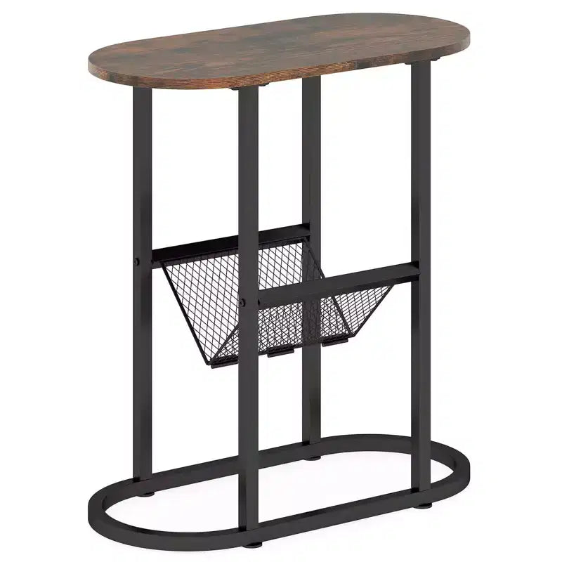End Table with Faux Marble Tabletop & Magazine Holder Heavy-duty Metal Frame Brown/White