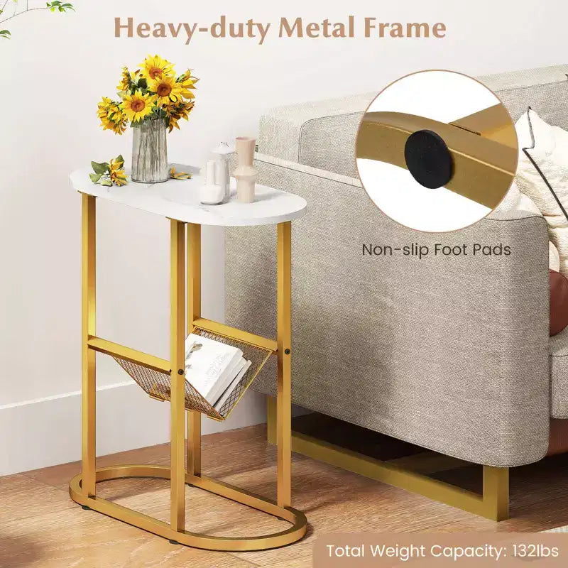 End Table with Faux Marble Tabletop & Magazine Holder Heavy-duty Metal Frame Brown/White