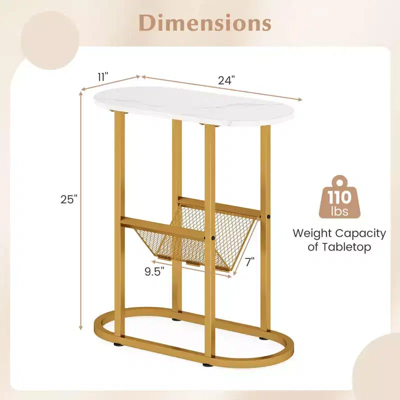 End Table with Faux Marble Tabletop & Magazine Holder Heavy-duty Metal Frame Brown/White