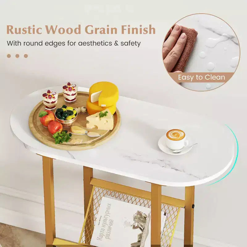 End Table with Faux Marble Tabletop & Magazine Holder Heavy-duty Metal Frame Brown/White