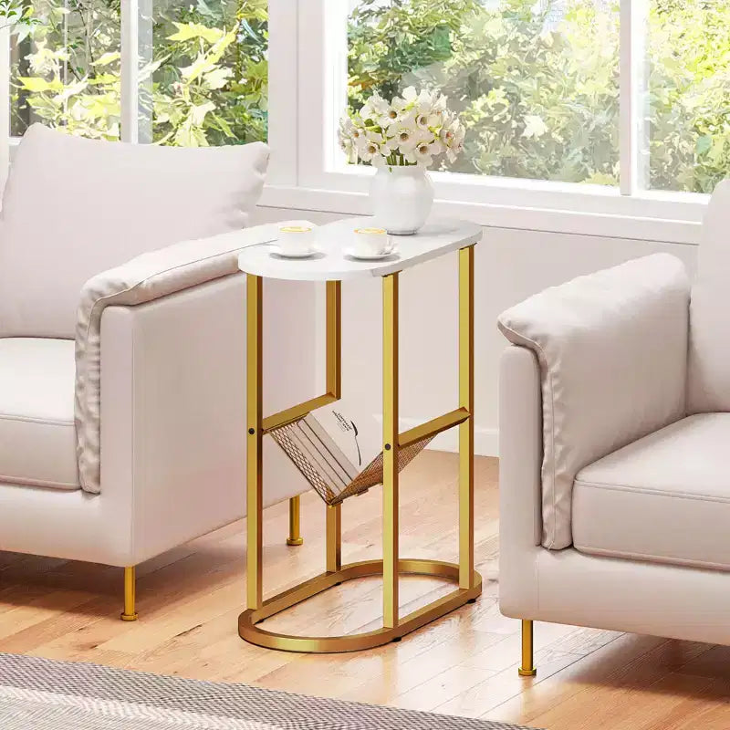 End Table with Faux Marble Tabletop & Magazine Holder Heavy-duty Metal Frame Brown/White