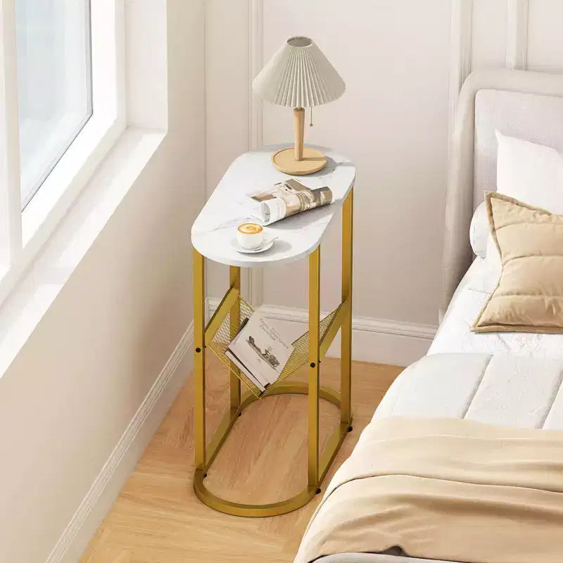 End Table with Faux Marble Tabletop & Magazine Holder Heavy-duty Metal Frame Brown/White
