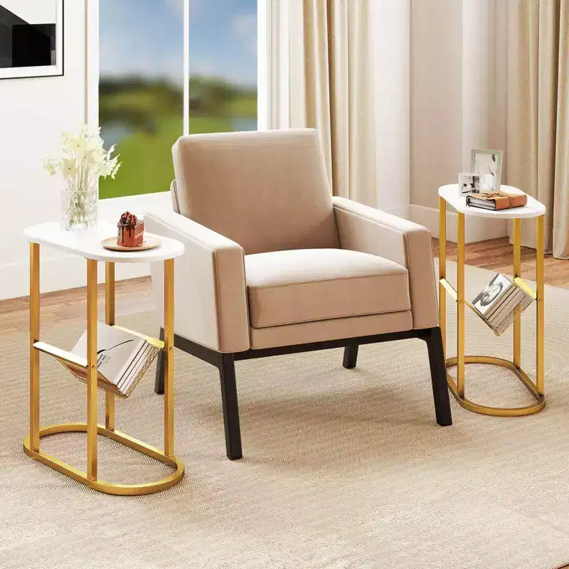 End Table with Faux Marble Tabletop & Magazine Holder Heavy-duty Metal Frame Brown/White